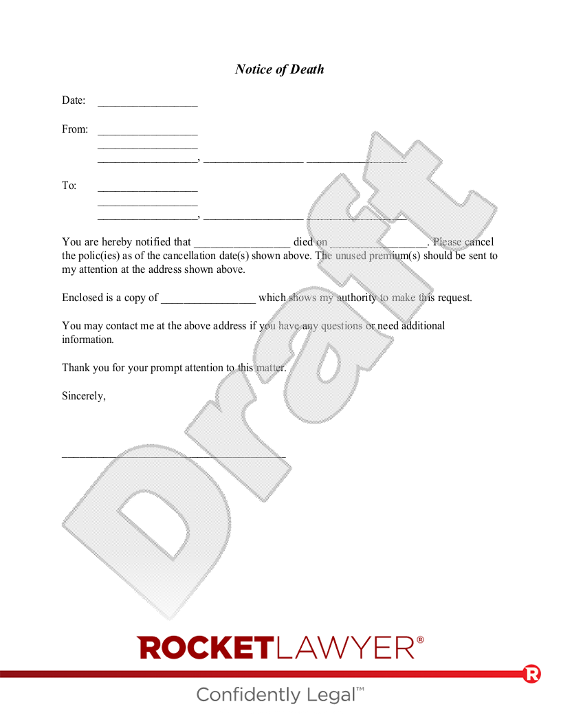 Notice of Death to an Insurance Company document preview