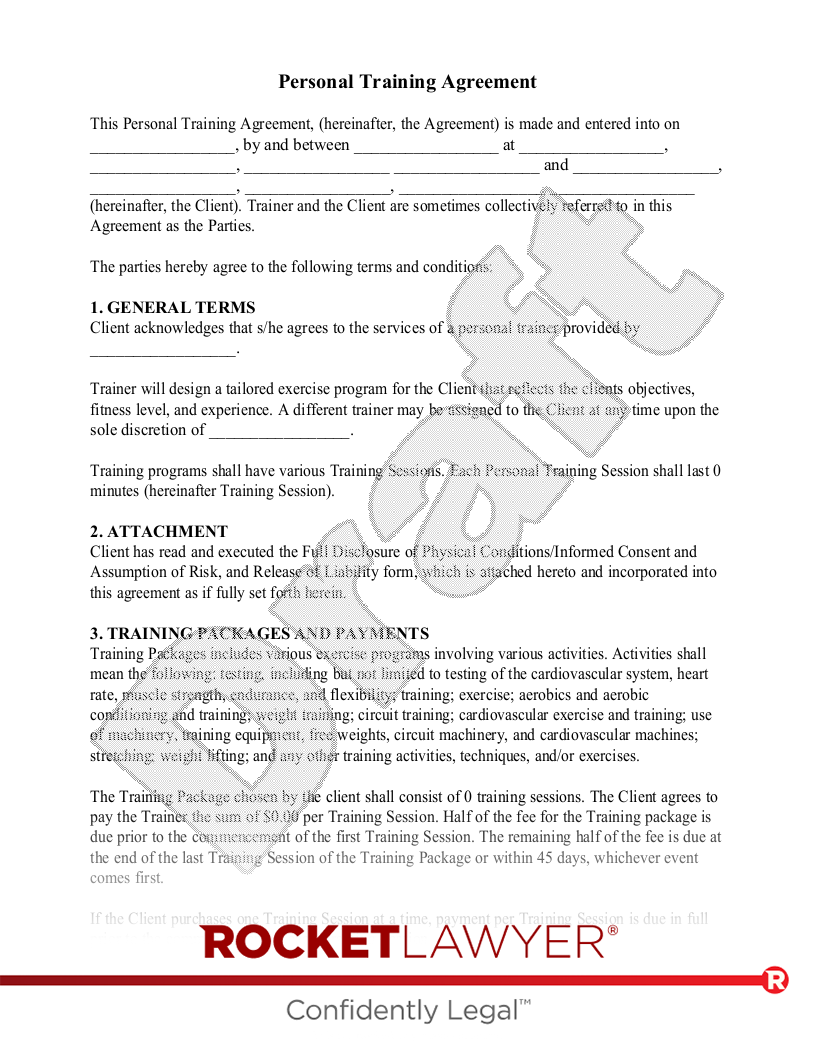 Personal Training Agreement document preview