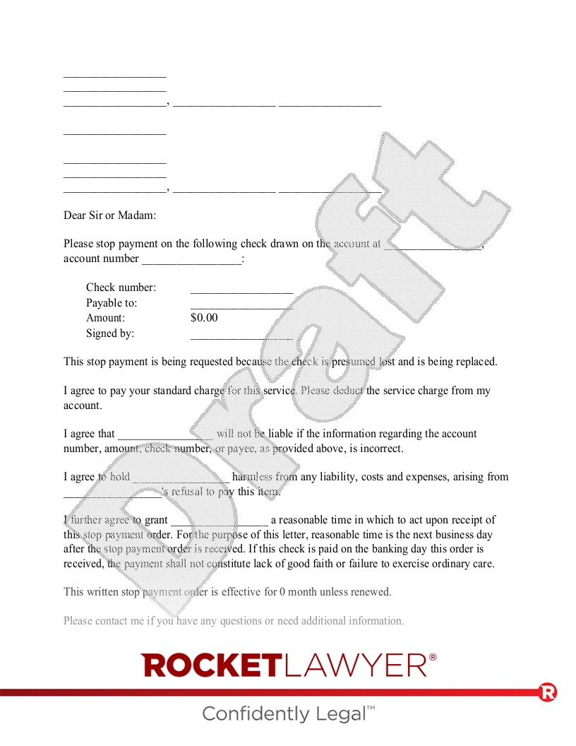 Stop Payment Request Letter document preview