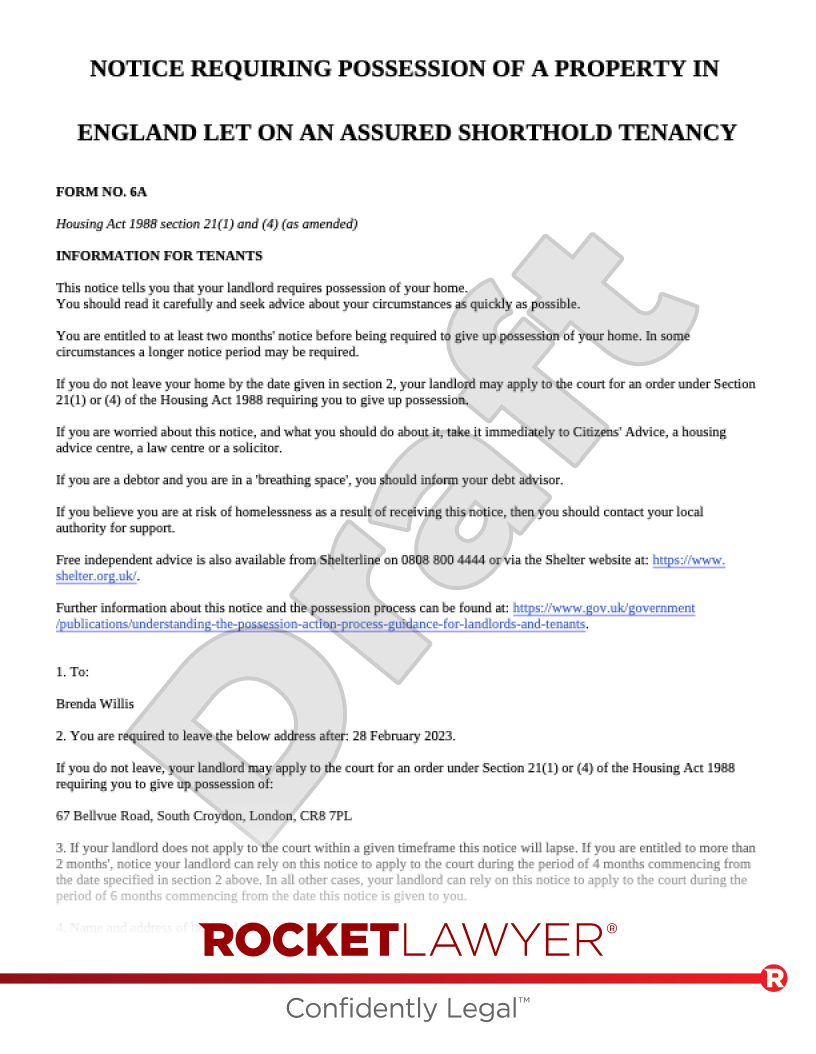 Section 21 (Form 6A) Notice for England document preview