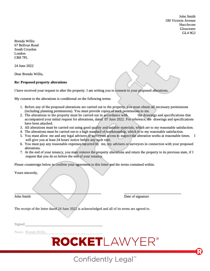 Landlord Consent to Alterations Letter document preview