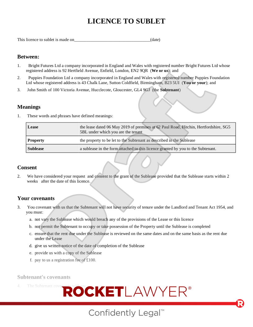 Licence to Sublet document preview