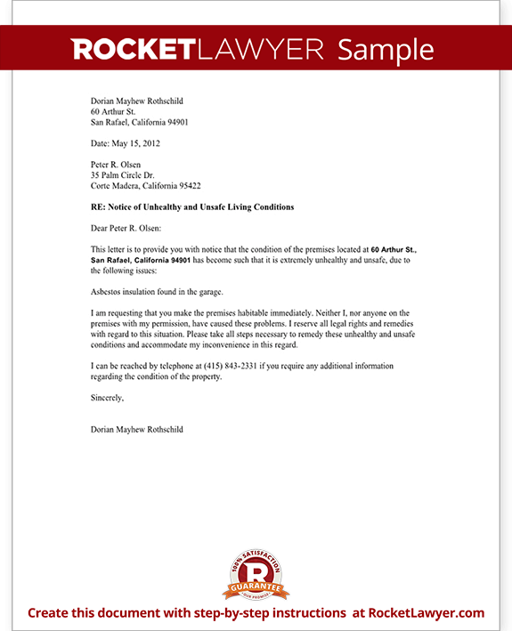 Notice of Unsafe Living Conditions Letter Reporting Unhealthy and Unsafe Conditions