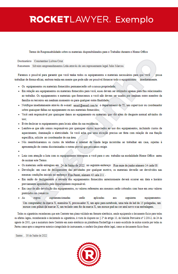 Termo de Recebimento de Material Home Office