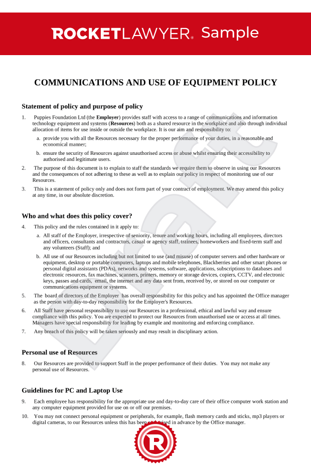Communications and equipment policy