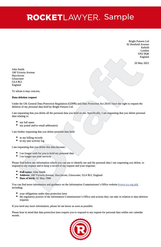 Data Erasure Request Template & FAQs Rocket Lawyer UK