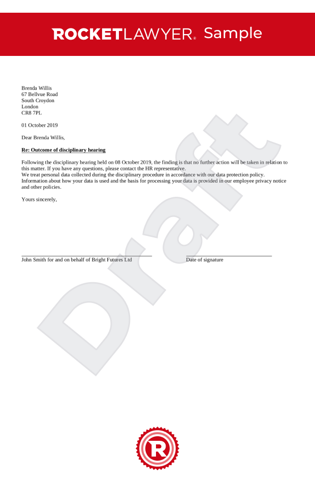 Disciplinary outcome letter for misconduct - warning or no action