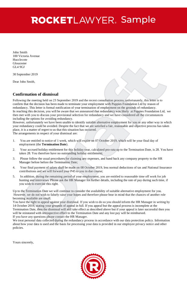 Dismissal for redundancy letter