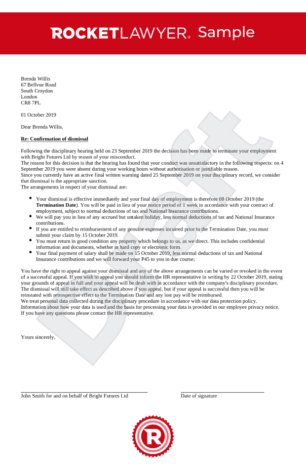 Dismissal letter for misconduct