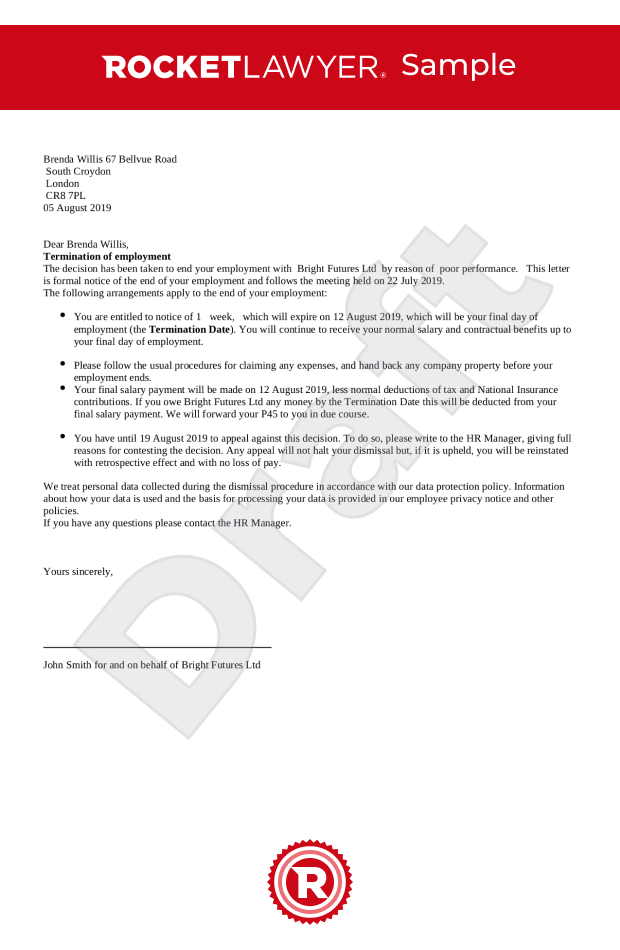 Dismissal letter for employees without unfair dismissal rights