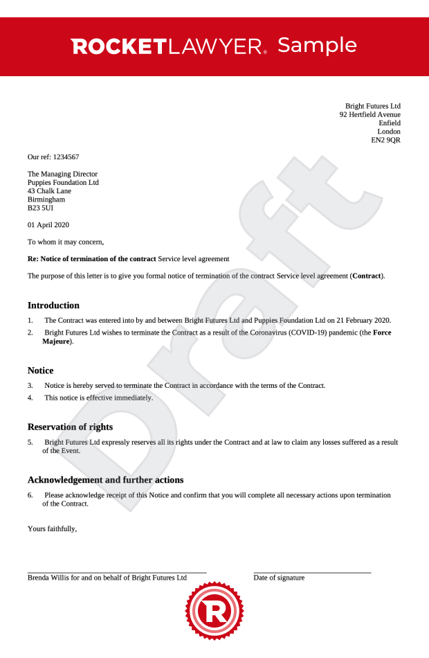 Force majeure contract termination letter