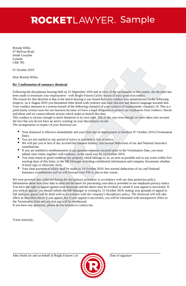 Gross misconduct dismissal letter