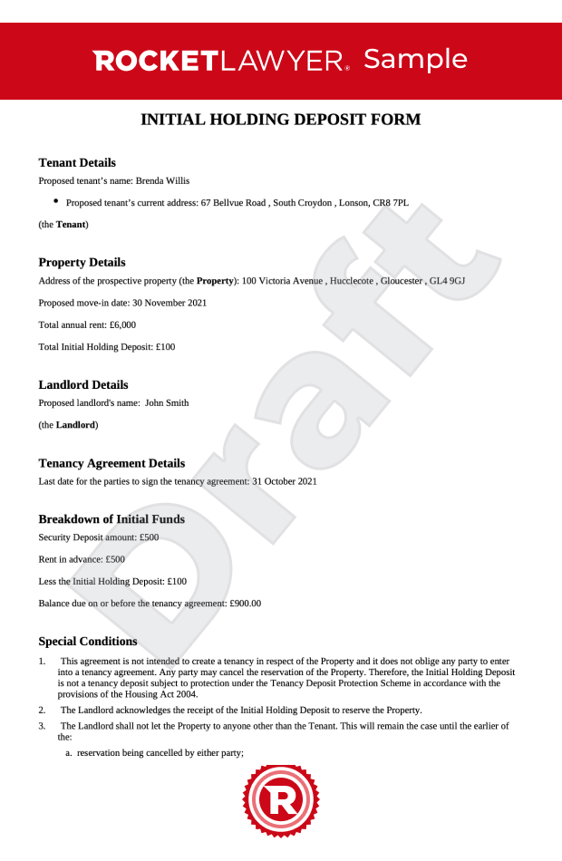 Initial holding deposit form
