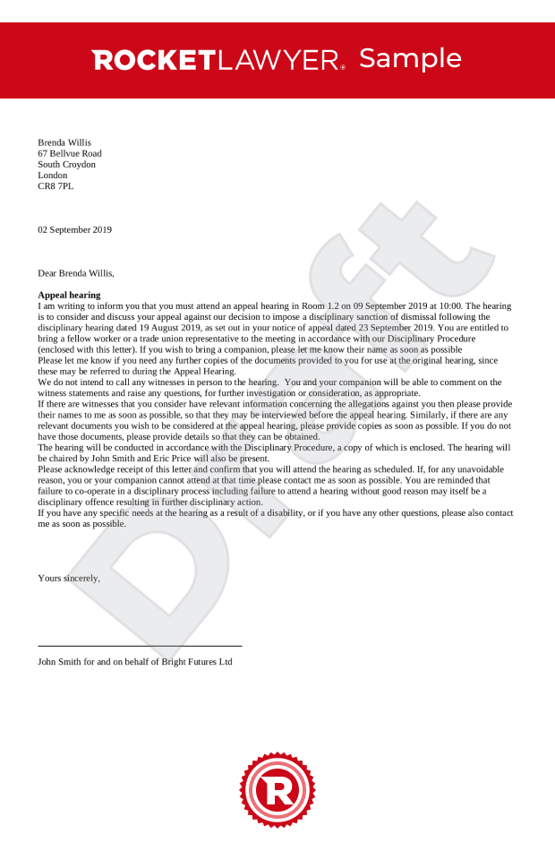 Invitation letter to a disciplinary appeal hearing for misconduct