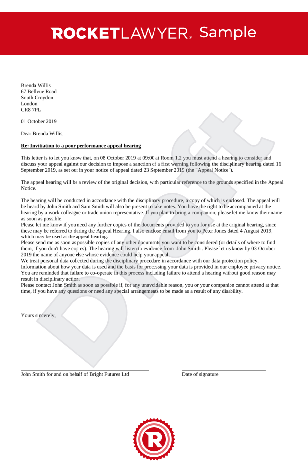 Invitation letter to a poor performance appeal hearing