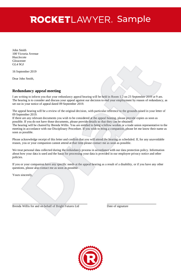 Invitation to a redundancy appeal meeting letter