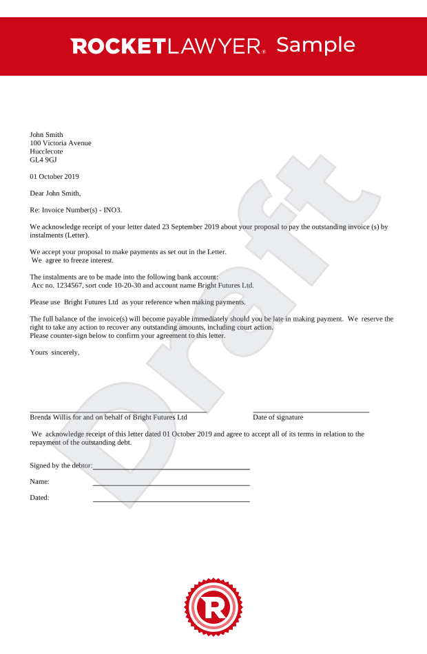 Letter accepting payments in instalments