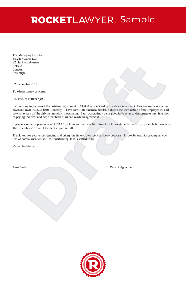 Letter proposing payments in instalments