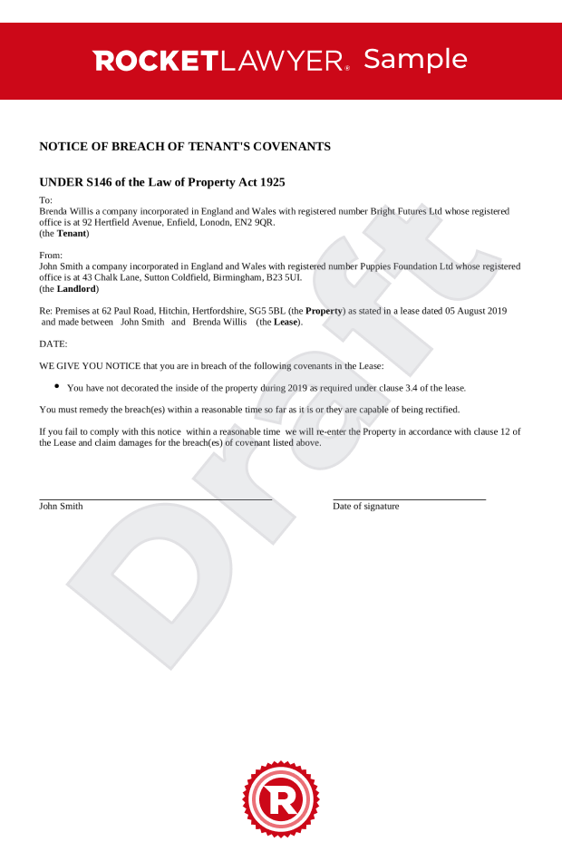 Notice of breach of covenants