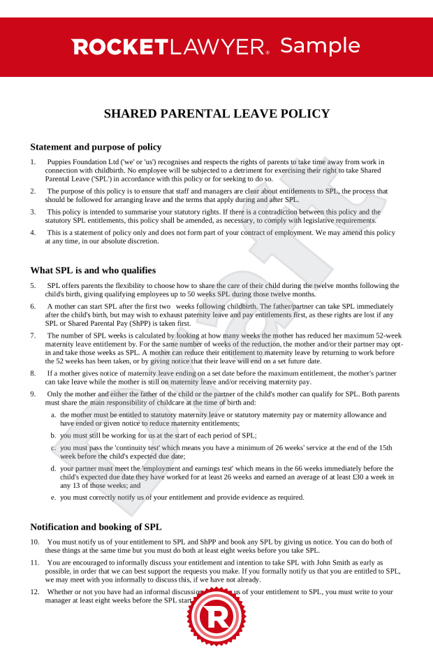Free Shared Parental Leave Policy Template & FAQs Rocket Lawyer UK