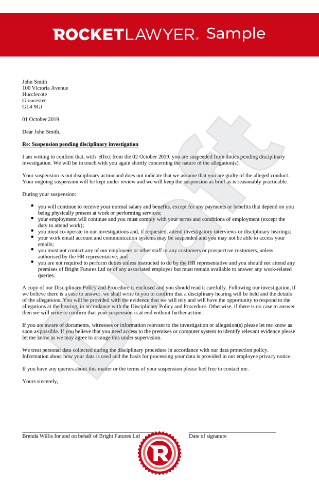 Suspension Letter Template & FAQs Rocket Lawyer UK