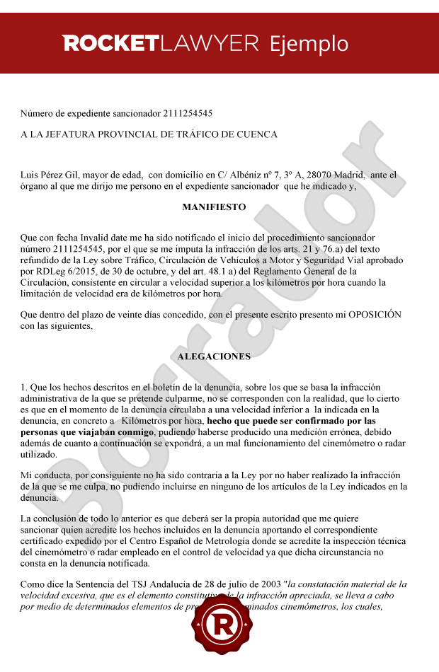 Alegaciones a multa por exceso de velocidad detectado por radar