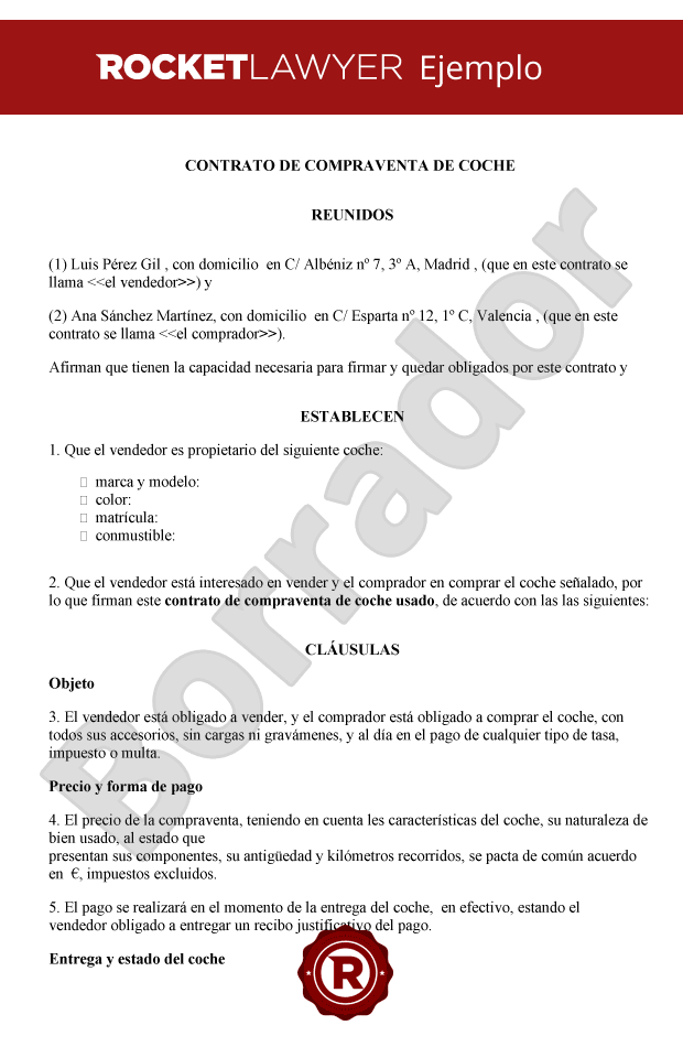 Contrato de compraventa de coche / automóvil