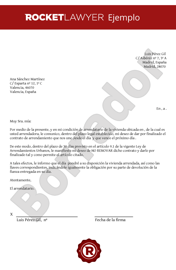Carta comunicando al propietario la no renovación del alquiler