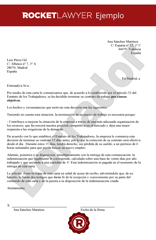 Carta de despido objetivo