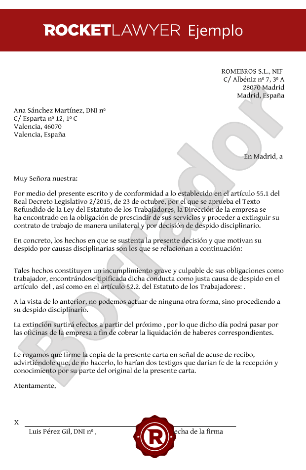 Modelo de carta de despido disciplinario