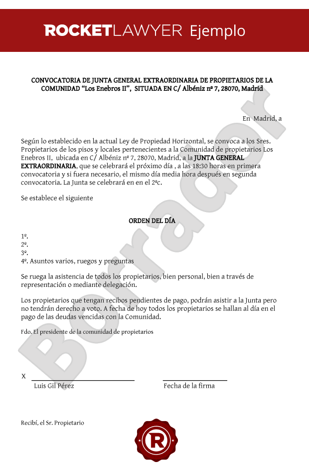 Convocatoria extraordinaria de junta de propietarios