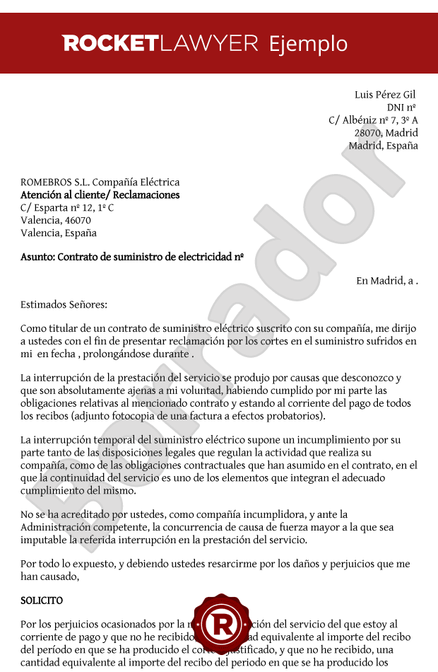 Carta de Reclamación por cortes en el suministro eléctrico