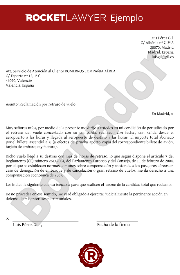 Modelo de Carta de Reclamación por retraso de un vuelo