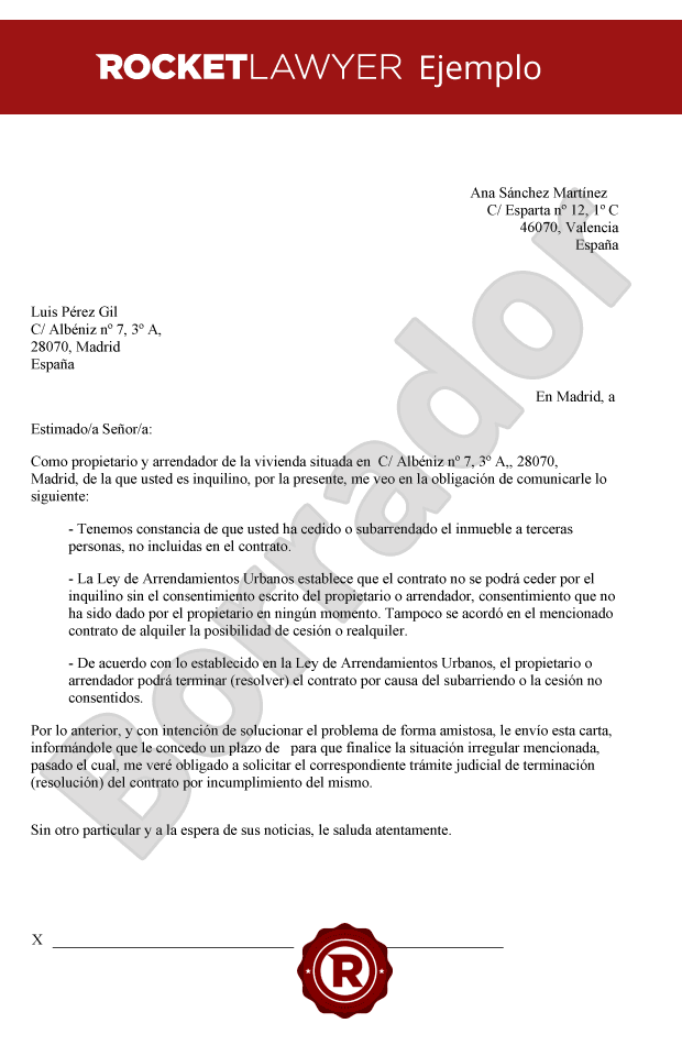 Carta de rescisión del contrato de alquiler de vivienda por parte del arrendatario