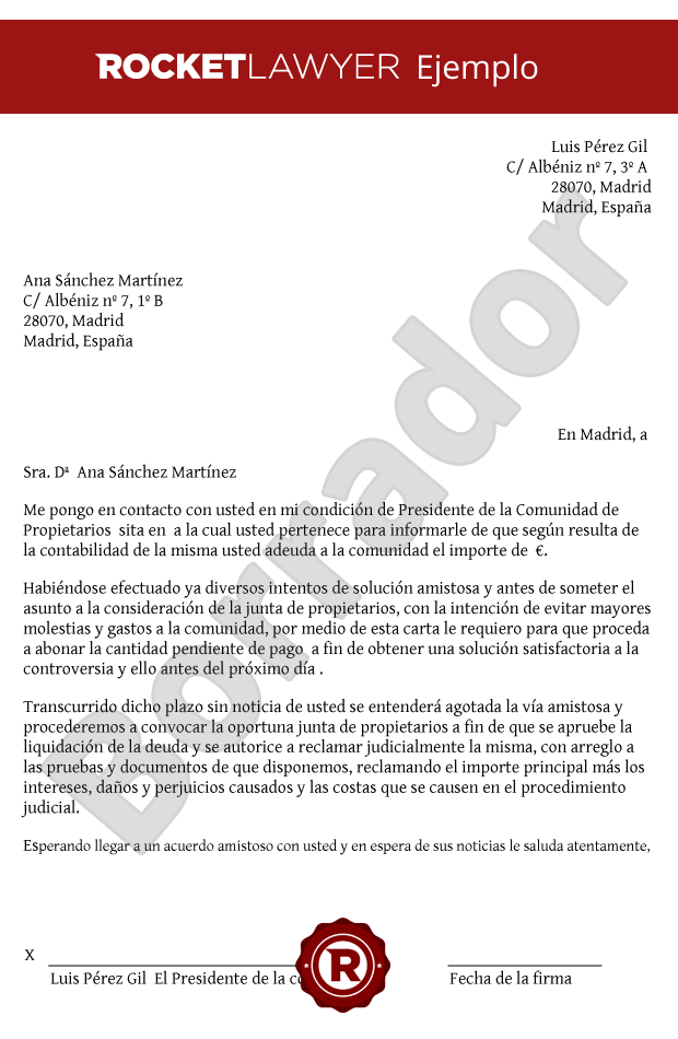 Requerimiento de pago cuotas comunidad - Carta de reclamación de deuda de  comunidad de vecinos