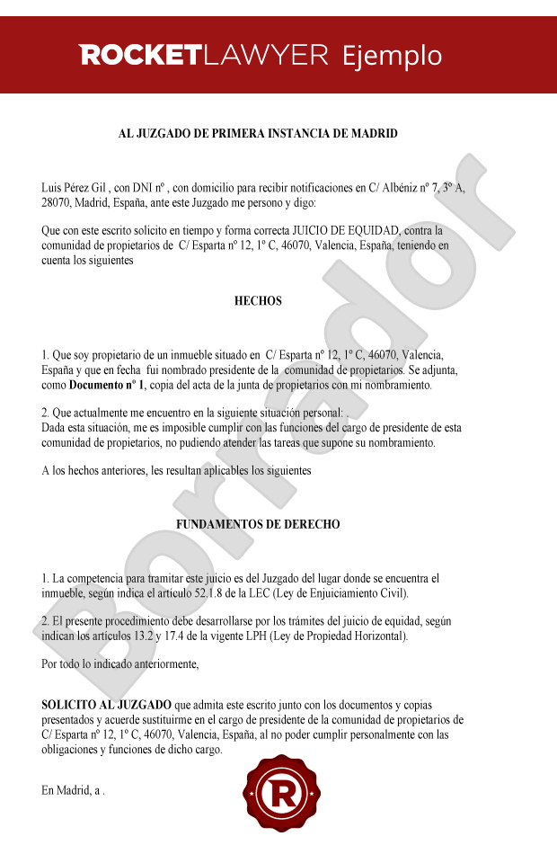 Solicitud judicial para cambiar de presidente de comunidad