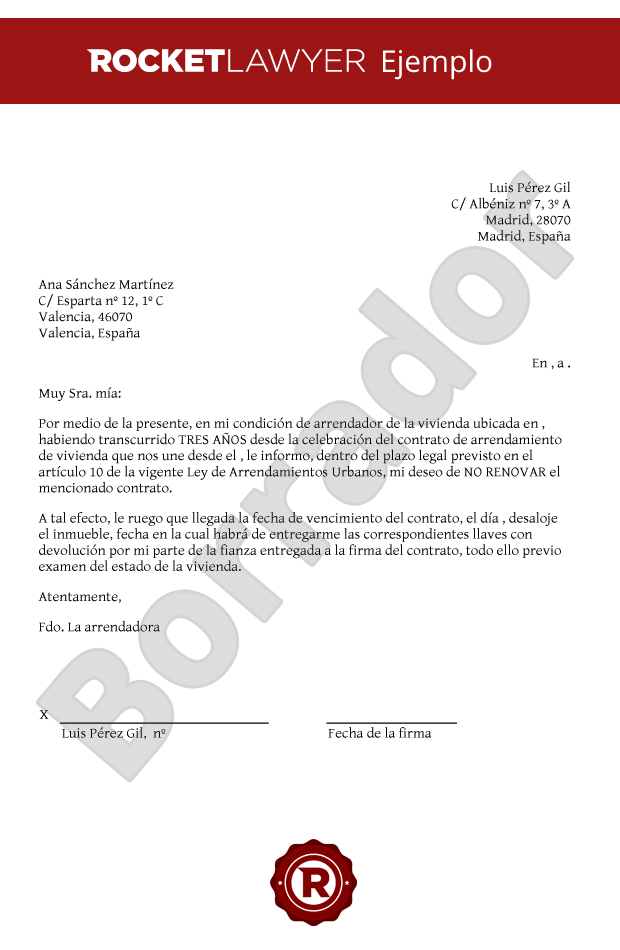 Carta comunicando al inquilino la no renovación del alquiler de vivienda