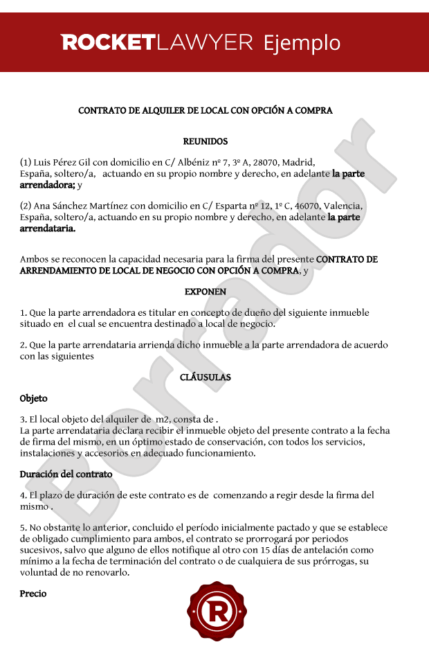 Contrato de alquiler de local con opción a compra