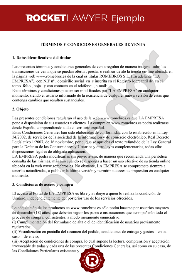 Términos y condiciones de venta en página web a particulares