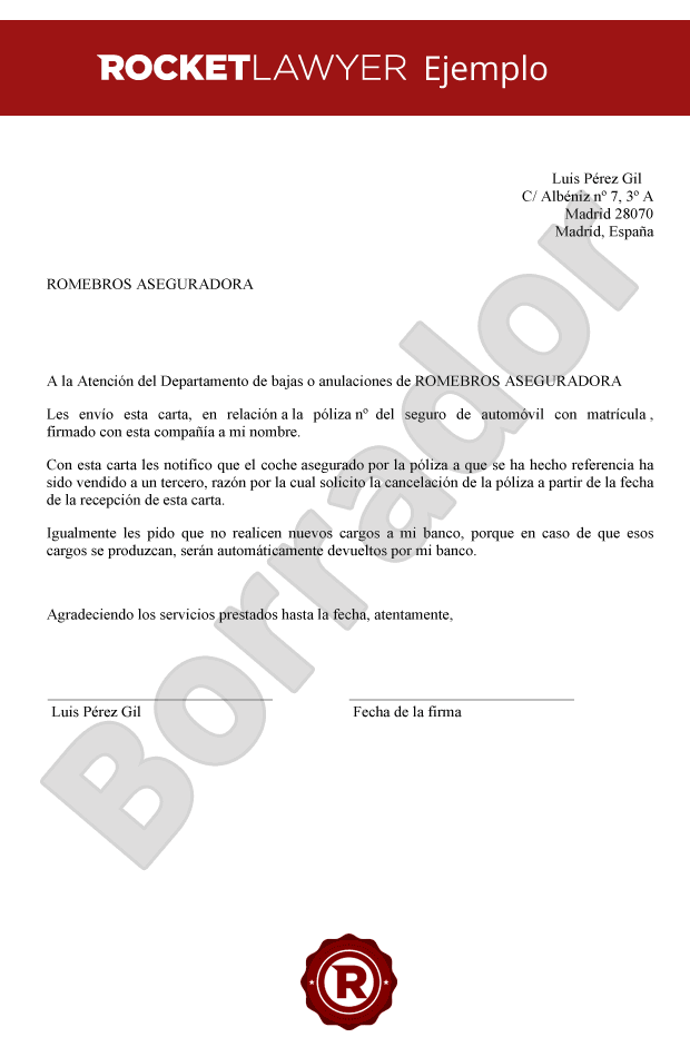 Carta para cancelar el seguro del coche