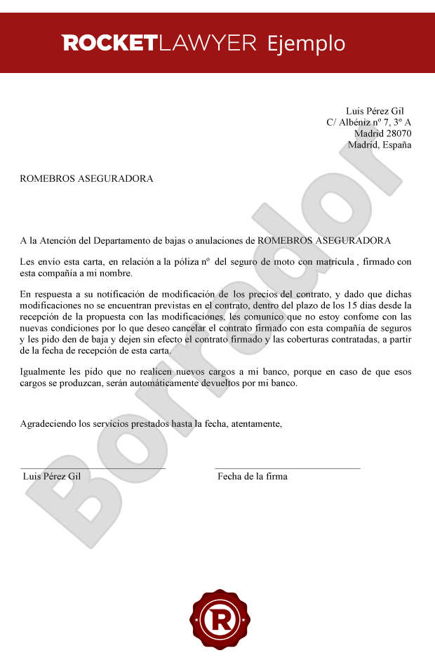 Carta para cancelar el seguro de moto