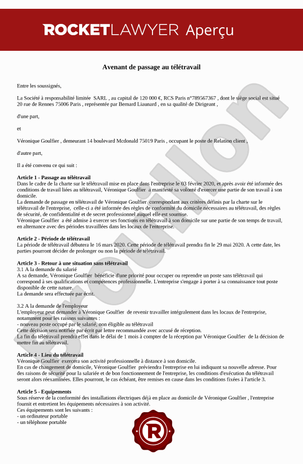 Avenant de passage au télétravail