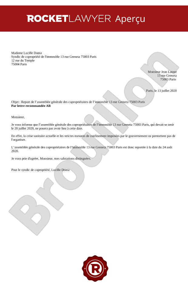 Lettre de report de l'AG annuelle des copropriétaires