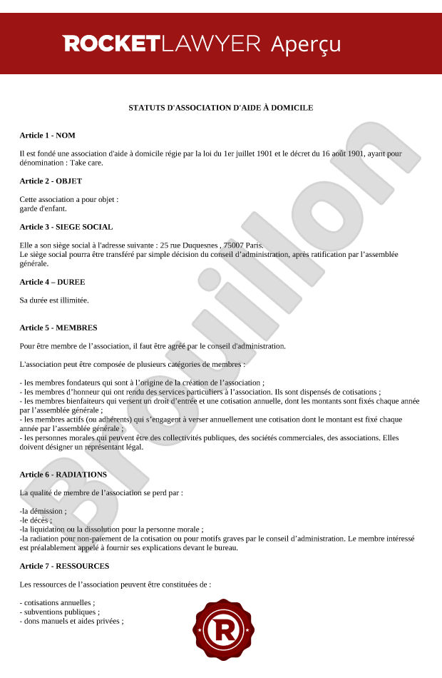 Statuts d'association d'aide à domicile
