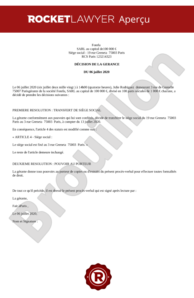 Procès-verbal de transfert de siège social de SARL