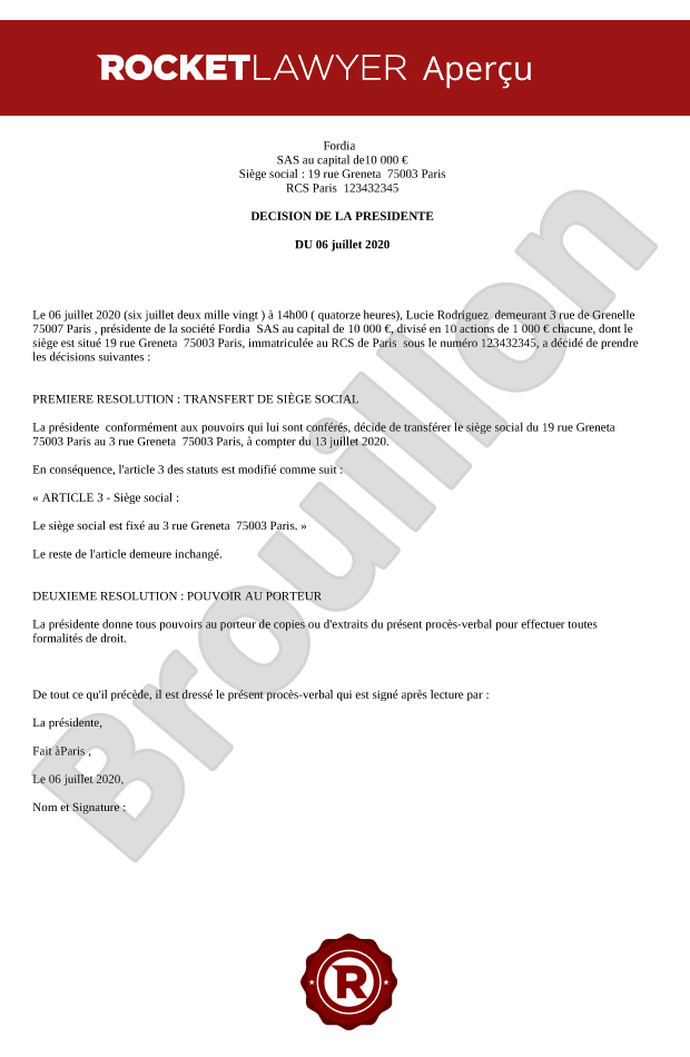 Procès-verbal de transfert de siège social de SAS