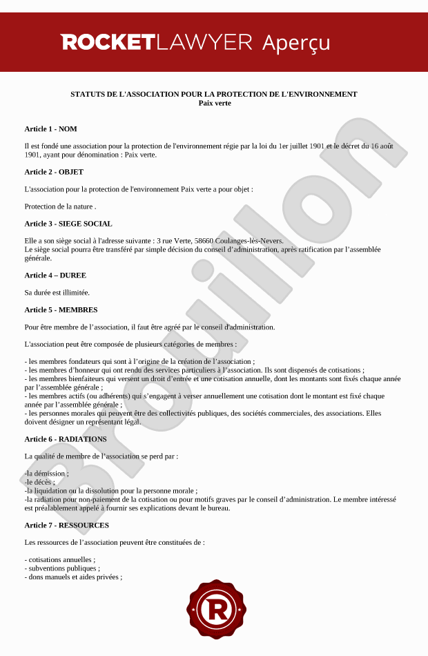 Statuts d'association pour la protection de l'environnement