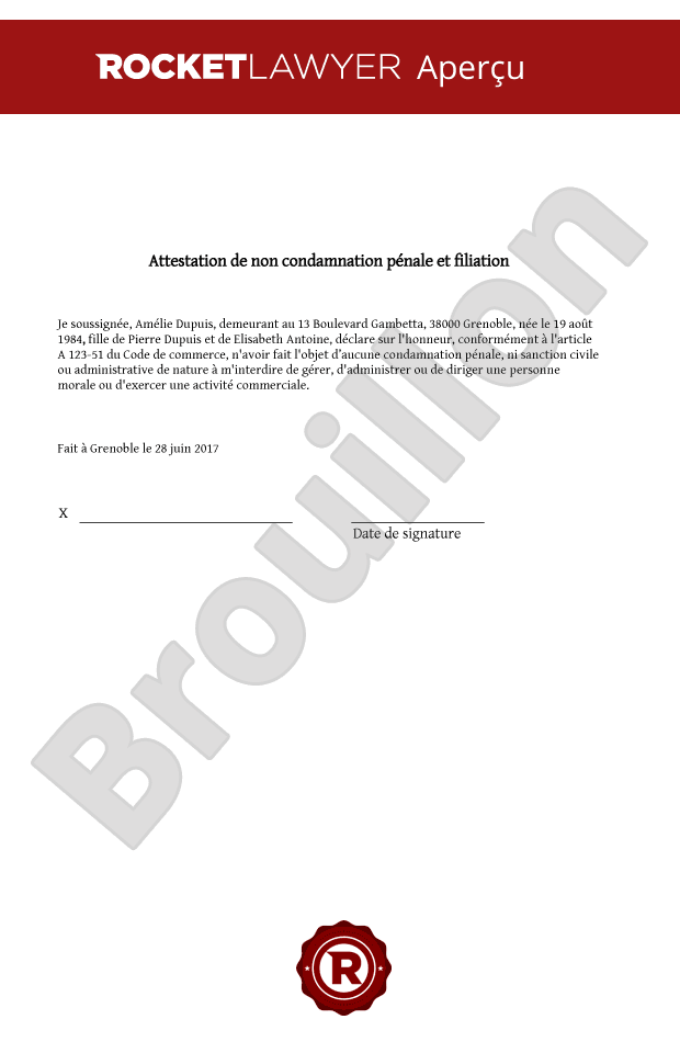 Déclaration de non condamnation pénale avec filiation