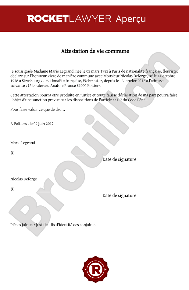 Attestation de vie commune Modèle d'attestation