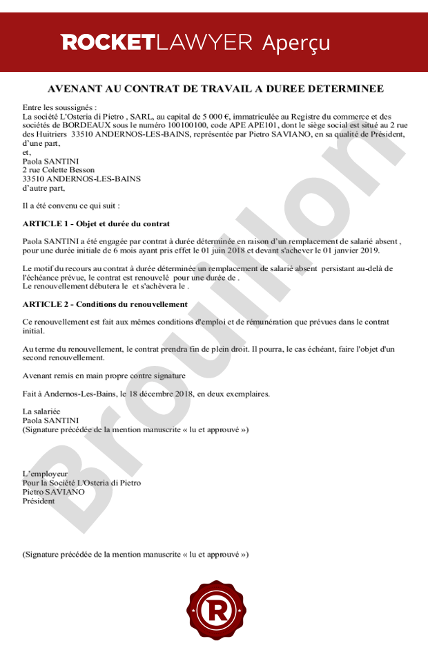 Avenant de renouvellement de CDD